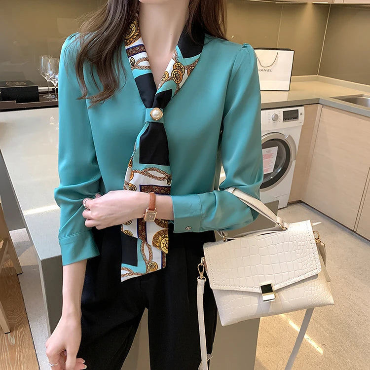 H Han Königin Frühling Chiffon Einfache Büro Dame Bluse Weibliches Hemd Bogen Tops Langarm Casual Koreanische OL Lose Blusen Frauen