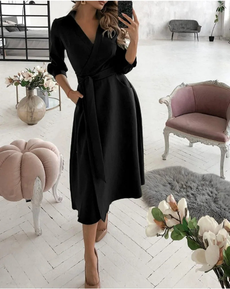 Herbst Neue Casual frauen Mode Lange ärmeln V-ausschnitt Gedruckt Muster Mid-länge Elegante Gedruckt frauen Kleid