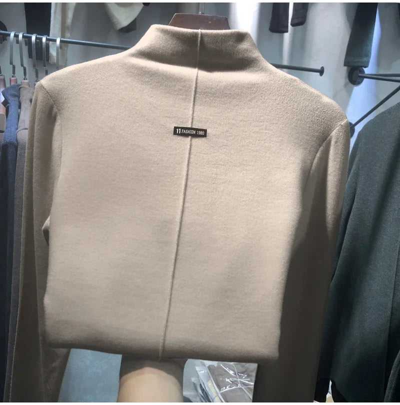 Harajuku half turtleneck Casual slim fleece Thick bottoming T-shirt autumn winter velvet Long Sleeve solid T Shirt Women y2k Top