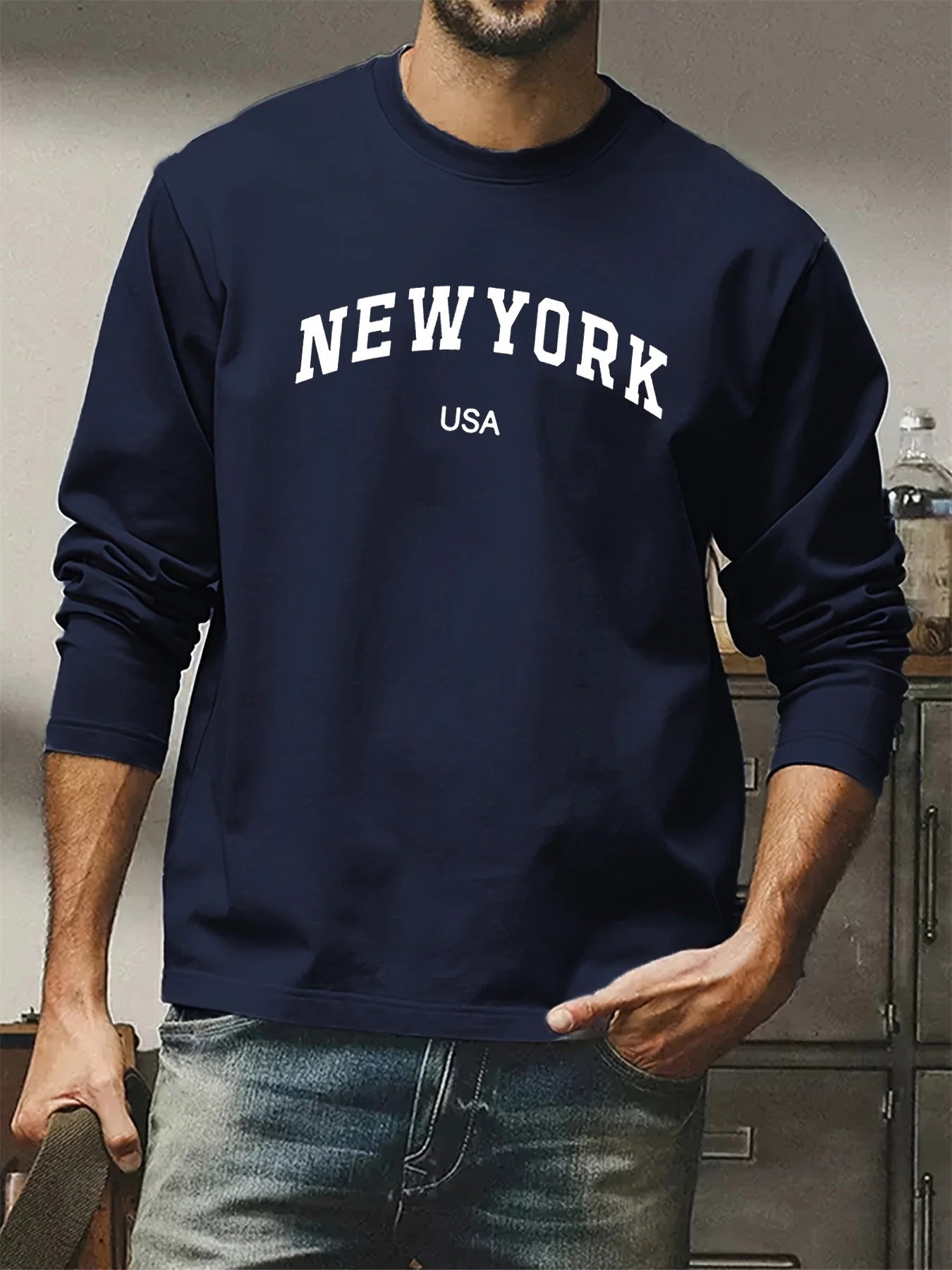 Men's 100% pure cotton comfortable sports casual loose plus size New York USA printed round neck long sleeved T-shirt top