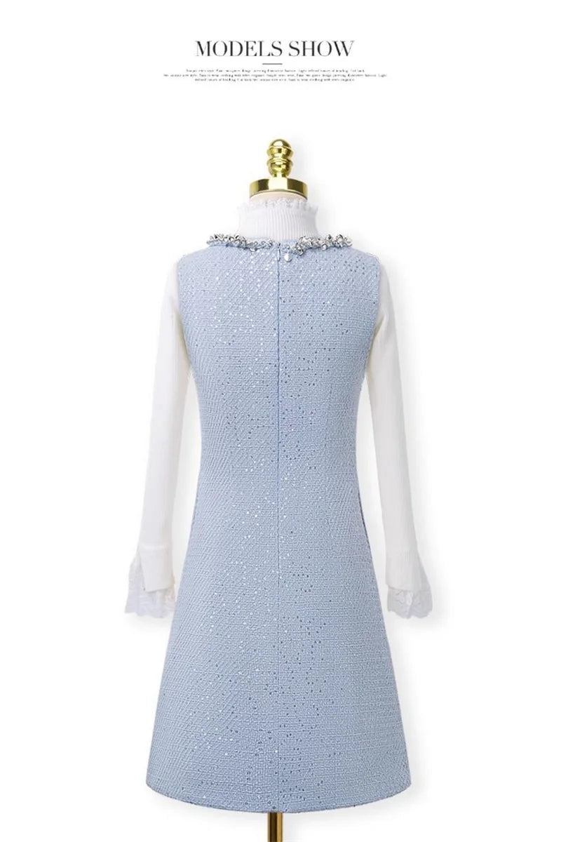 BESTBAFU Luxus Pailletten Kleine Duft Tweed Weste Kleid Frauen Herbst Winter Elegante Ärmellose Woolen A-Line Party Kleider 625P