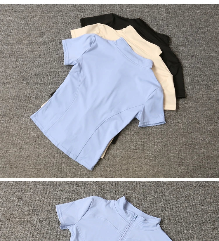 Damen-Sportbekleidung, schmale Passform, Polyester, schnell trocknend, durchgehender Reißverschluss, Outdoor-Fitness, Laufhose, kurze Ärmel, Damen-Yoga-Bekleidung