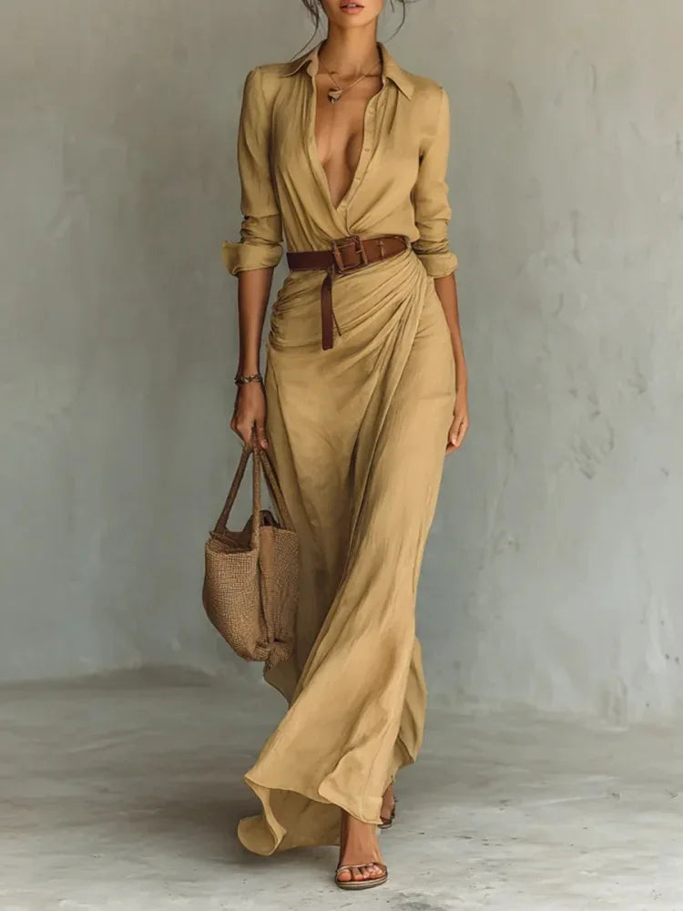 2026 Herbst Langarm Damenkleid Einfarbig mit Unregelmäßigen Falten und Gürtel Modisches Robe Femme für Büro, Alltag und Dates