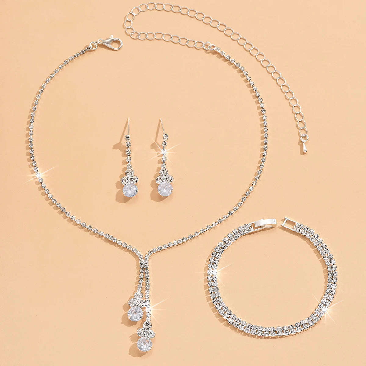 4PC Fashion Simple Copper Inlaid Rhinestone Claw Chain Necklace Earrings Bracelet Jewelry Set Women's Wedding Decoration-5273