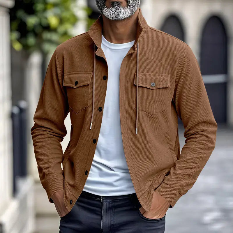 Amerikanische schwere Cord-Herrenjacke, einfache und vielseitige Langarmjacke mit Stehkragen und mehreren Taschen
