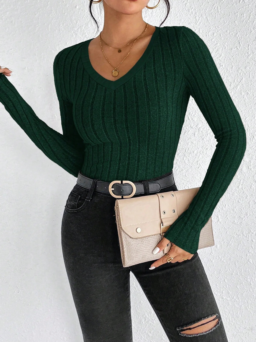 Slim Fit V-Neck Knitted Jumper Long Sleeve Top for Women Sexy Trendy Pullover Casual Wear