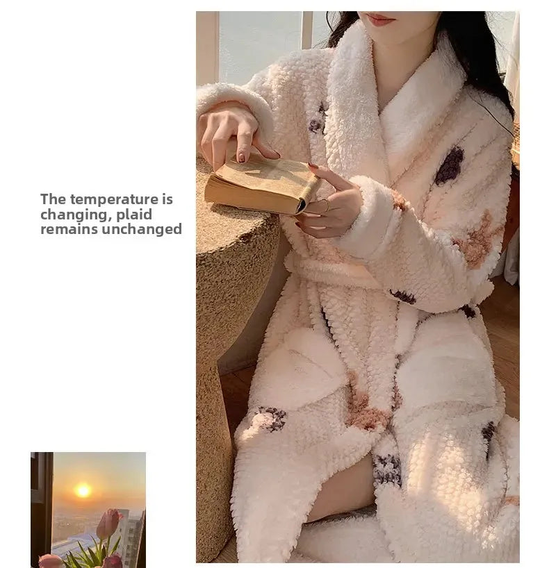 Verdickte Korallen Fleece Robe frauen V-ausschnitt Gürtel Langarm Mid-länge Süße Stil Warme Hause Kleidung Winter Saison