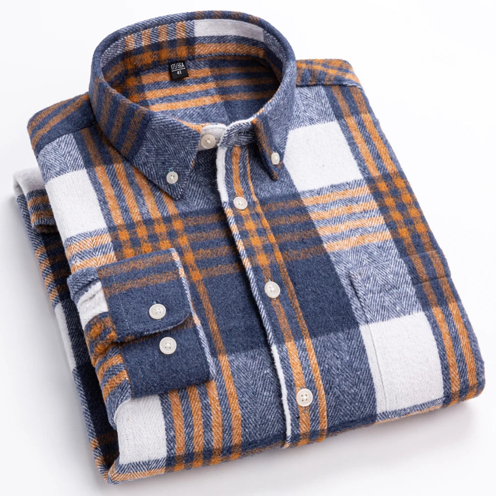 Langärmliges Flanell-Karohemd für Herren – weiche reine Baumwolle, Button-Down-Hemden, dick, Herbst und Winter – Wochenend-Casual, Ausgehen