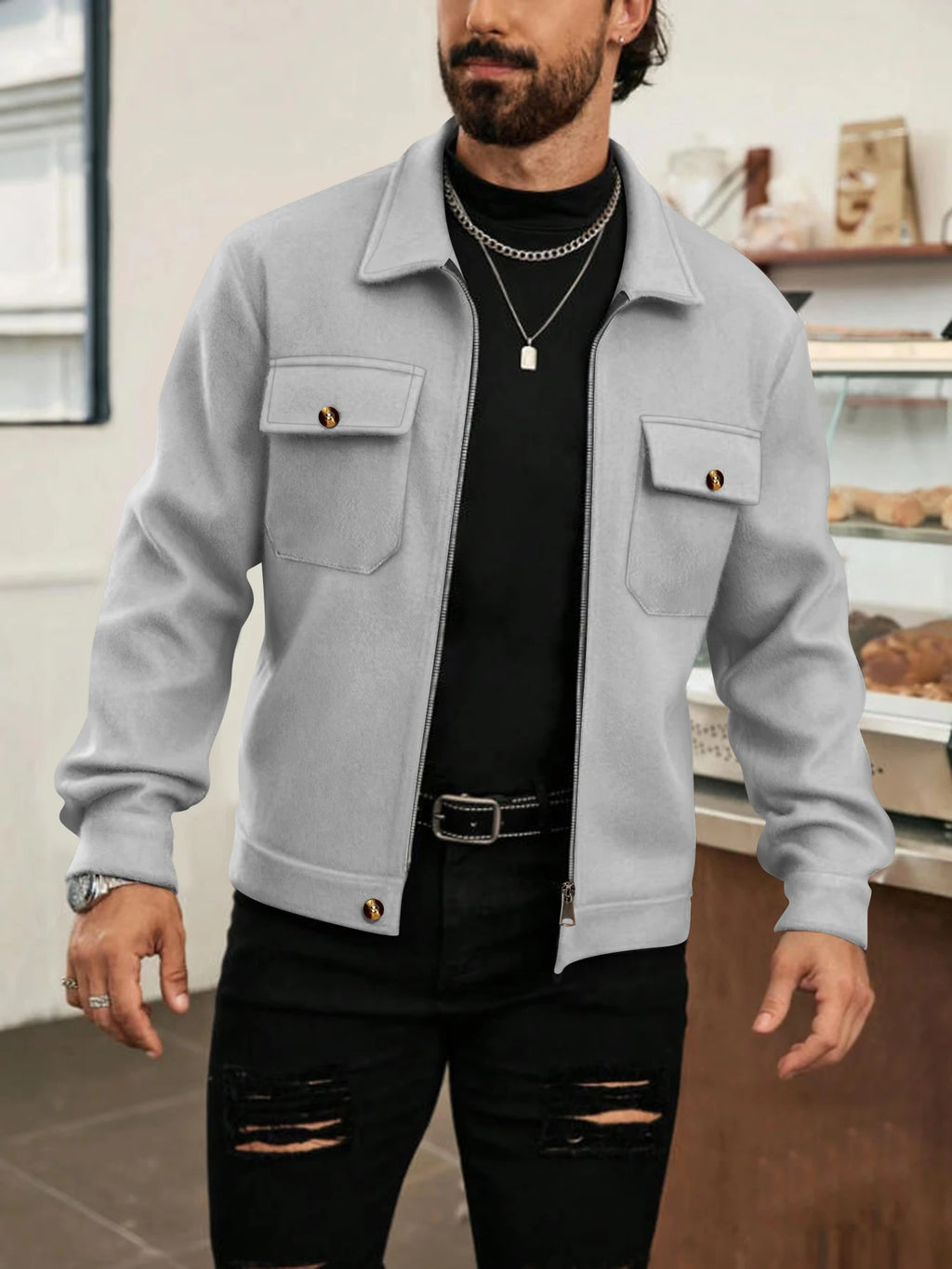 2025 Autumn/Winter New Solid Color Men's Woolen Coat Fashion Zipper College Style Jacket