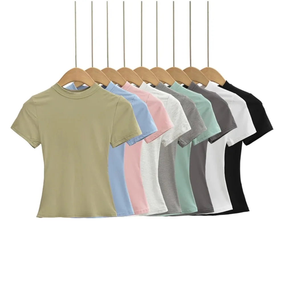 2025, neues, hochwertiges, lässiges T-Shirt, sexy, schlanke, kurze Ärmel, Modetrend, solide Damenbekleidung, Y2K-Tops