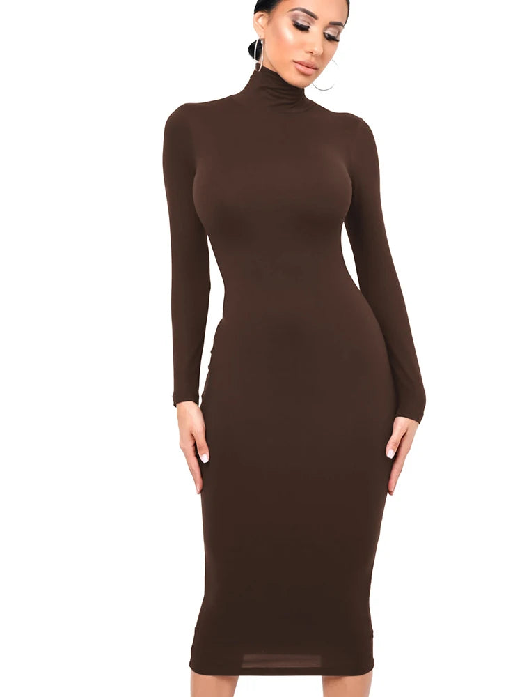Winter Schwarz Rollkragen Sexy Frauen Kleid Herbst Langarm Dünne Midi Boydcon Casual Blau Plüsch Knie-Länge Party