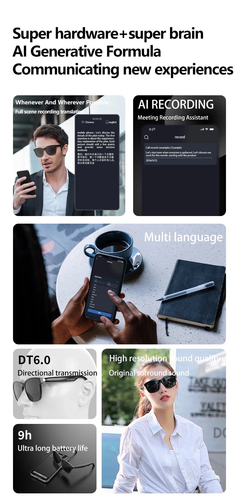 New AI Smart Glasses Intelligent Real-time Language Translator Bluetooth Wireless Headphone AI Chat Smart Sunglasses Men Wome