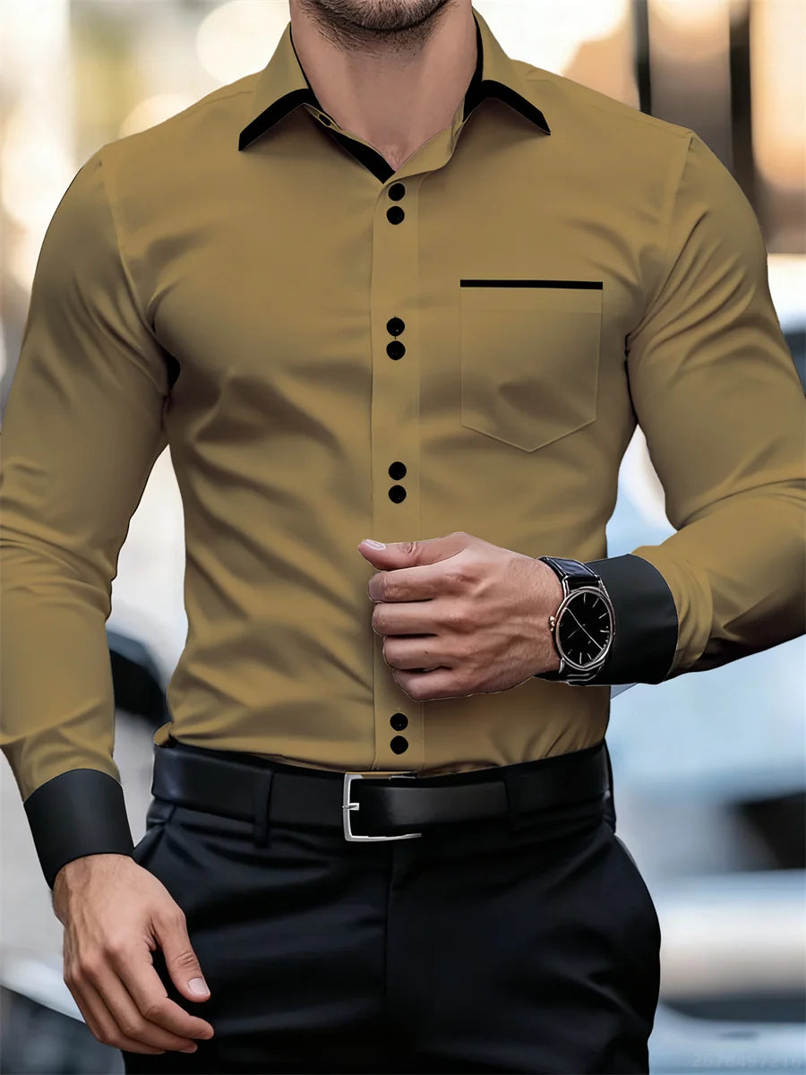 Herren-Business-Langarmhemd mit Farbblockkragen, schmale Passform, knitterfrei, schwarz-weißes Patchwork-Hemd, modisches Herrenoberteil