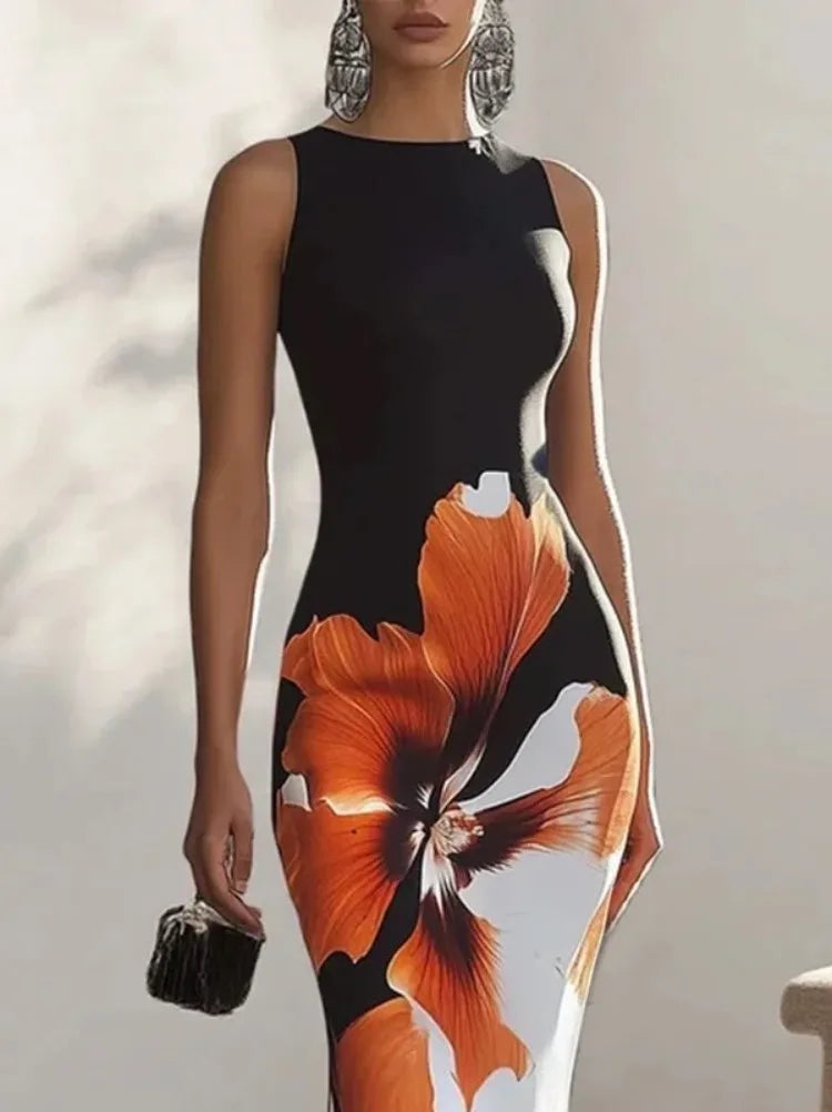 Gymystars Skinny Ärmelloses Blumendruckkleid Damen Abendkleider Elegant Sexy Outfit Schwarz Weiß Blumen Partykleid Robe
