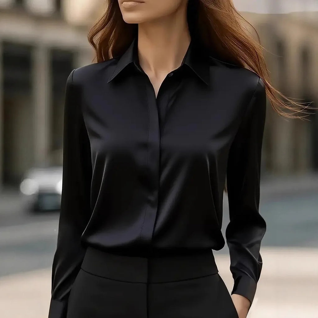 2025 Neues Damen-Langarmshirt, 10-farbiges Revers, Satin-Knopf-Cardigan, Büro, Pendeln, elegantes, einfaches Oberteil, Basic-Blusen