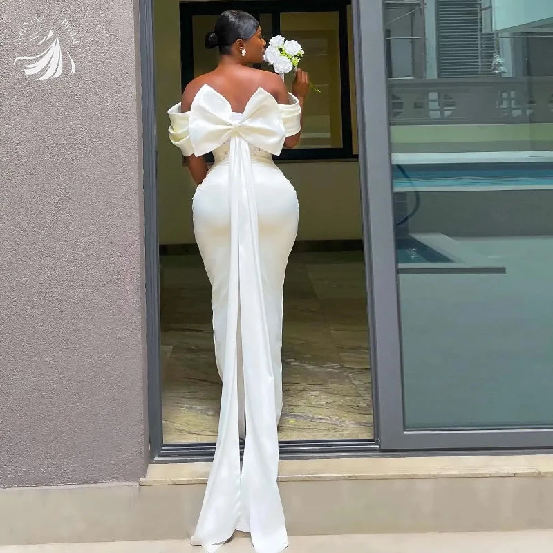 VeraNova Maßgeschneiderte Brautkleider Vintage Weg Von Der Schulter Satin Falte 3D Applique Seath Meerjungfrau Zurück Bogen Vestido De Noiva