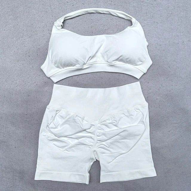 Shorts-Set, 2-teilig, nahtlos, Yoga-Set, Workout-Trainingsanzug, Damen-Halter, Sport-BH und niedrige Taille, Scrunch Bum, Gym-Shorts, Anzüge