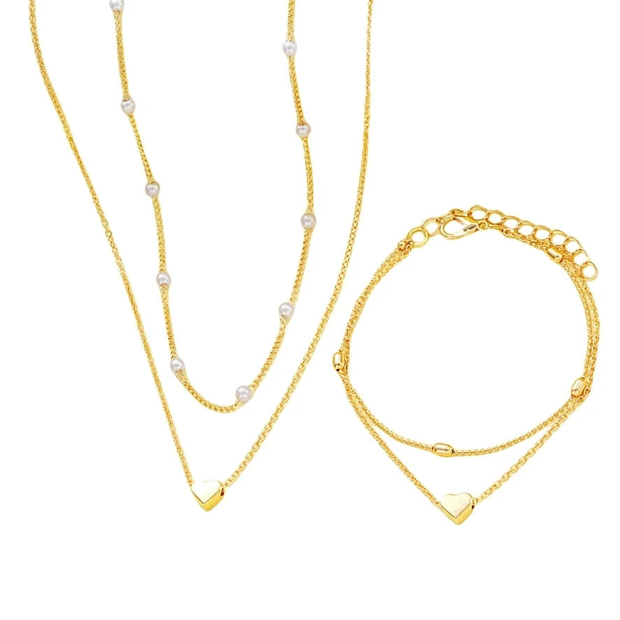 Modisches Schmuckset mit Imitationsperlen und Herzanhänger für Damen, Gold- und Silberfarben, runde Perlen, Halskette und Armband, Accessoires für den Alltag