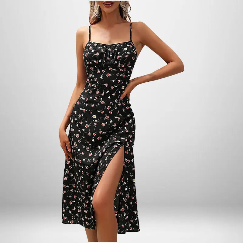 Elegantes Damen-Blumenkleid für Strandurlaub und Streetwear, Sexy Tief Ausgeschnittenes Strandparty-Kleid mit Schlitz, Schickes Bodycon-Kleid Ärmellos für Damen