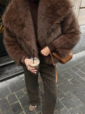 Solide braune flauschige Pelzjacke für Damen, lässig, Revers, lockere lange Ärmel, verdickt, warmer Kurzmantel, 2025, Winter, neue Dame, Pendelkleidung