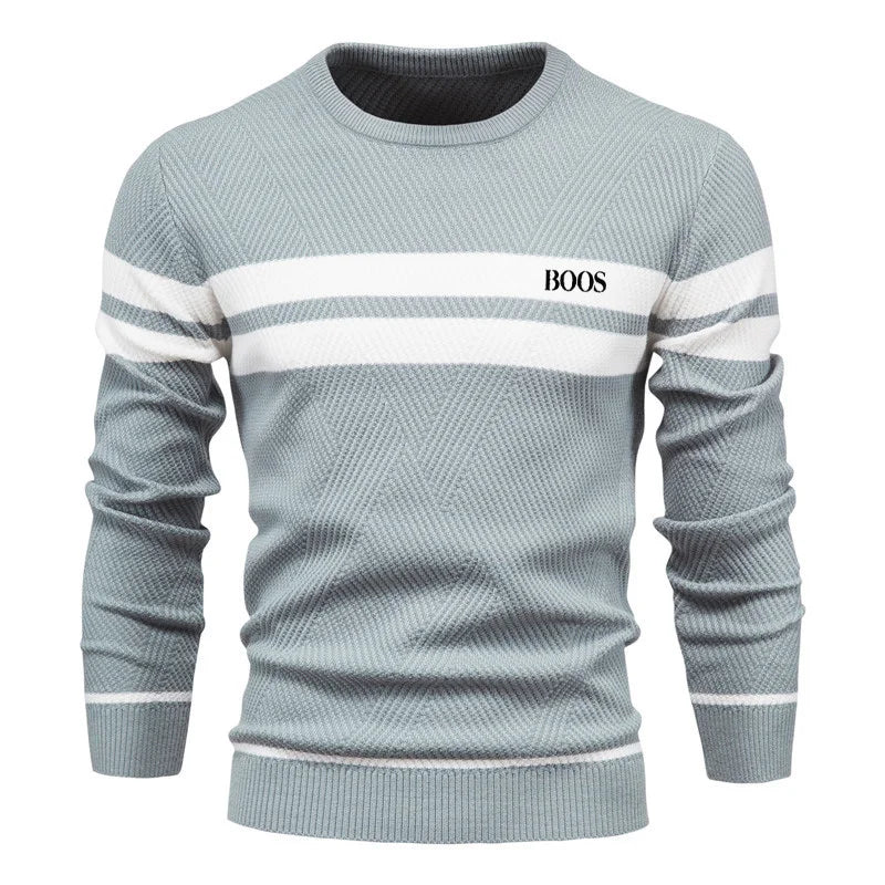 Autumn and winter men's casual striped men's sweater pullover, color blocked round neck embroidered men's European size knitted