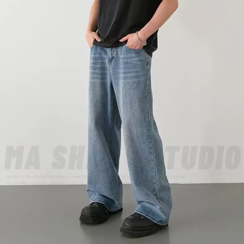 Frühling Herbst männer Neue Denim Hosen Alte Blau Gewaschen Casual Jeans Menwear Lose Neue Mode kontrast farbe Breite Bein Hosen