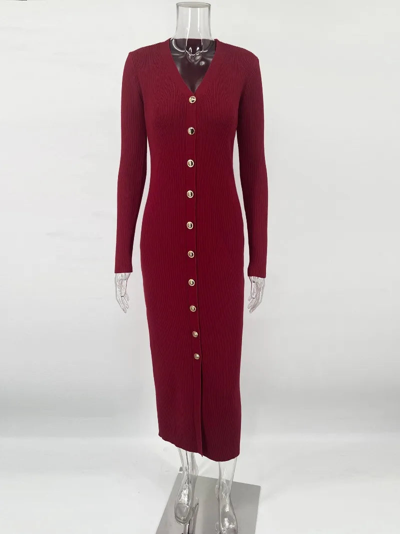 Trendix Elegantes Abendkleid für Damen, V-Ausschnitt, lange Ärmel, Patchwork, Knopf, Schlitz, Pullover, Kleider, 2024, Herbst und Winter, gestricktes Maxikleid