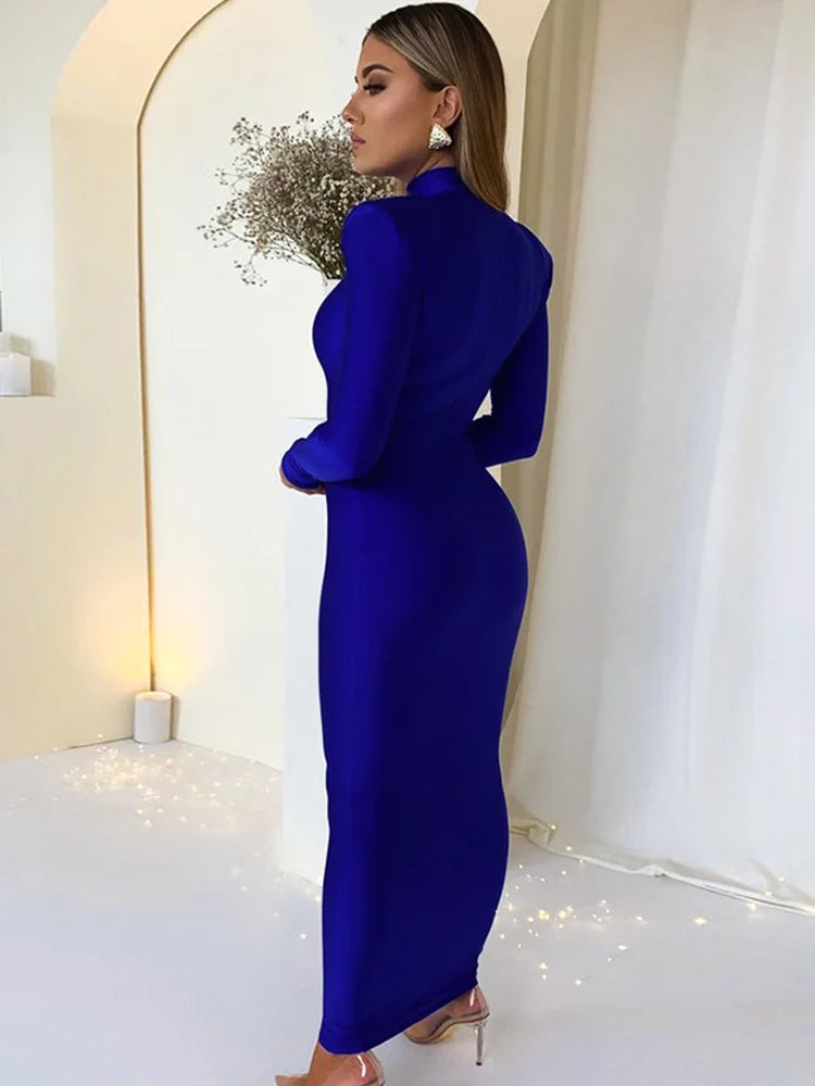 Schulter Gepolsterte Lange Hülse Bodycon Grün Party Club Maxi Lange Kleid 2024 Frühling Herbst Frauen Mode Elegante Kleidung