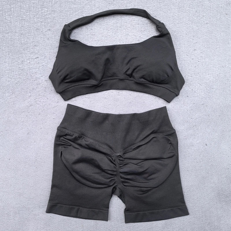 Shorts-Set, 2-teilig, nahtlos, Yoga-Set, Workout-Trainingsanzug, Damen-Halter, Sport-BH und niedrige Taille, Scrunch Bum, Gym-Shorts, Anzüge