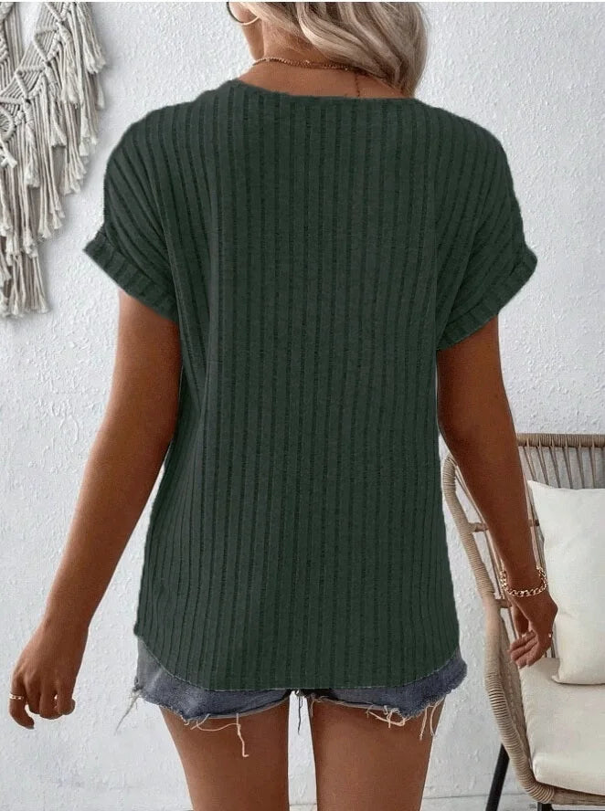 Frühling/Sommer neues einfarbiges geripptes Oberteil mit V-Ausschnitt und Knopfverzierung, elegantes T-Shirt für Damen S-2XL