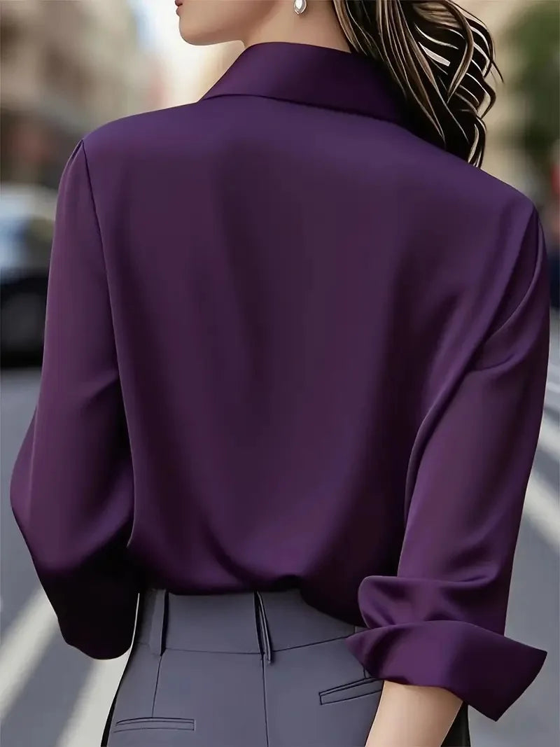 2025 Neues Damen-Langarmshirt, 10-farbiges Revers, Satin-Knopf-Cardigan, Büro, Pendeln, elegantes, einfaches Oberteil, Basic-Blusen
