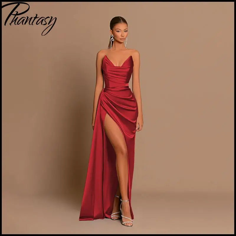 Elegantes Trägerloses Einfarbiges Abendkleid Schickes Satin-Korsettkleid für Damen V-Ausschnitt Geschlitztes Blaues Langes Kleid Damen Sommer-Partykleid