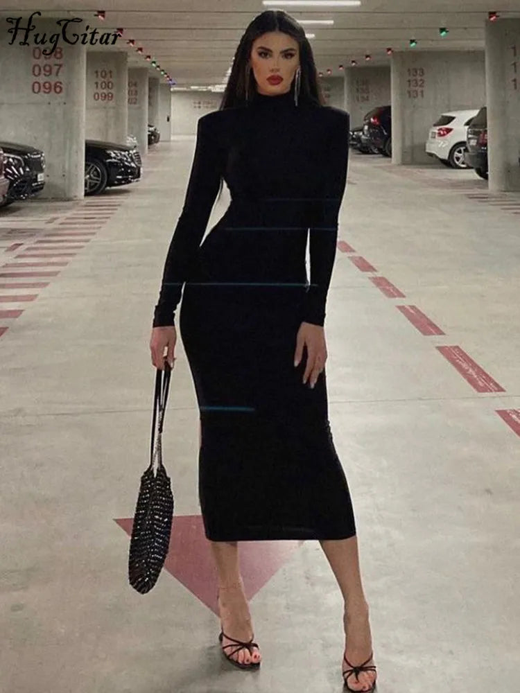 Hugcitar Frauen Mode Rollkragen Lange Ärmel Schwarz Sexy Bodycon Maxi Prom Kleid Herbst Casual Kleidung Streetwear Party Festival
