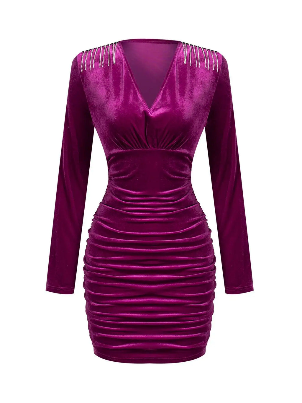 Damen Freizeitkleider Langarm V-Ausschnitt Burgunderroter Samt Bodycon Minikleid Elegantes Frühlings-Sexy-Abend-Cocktailkleid