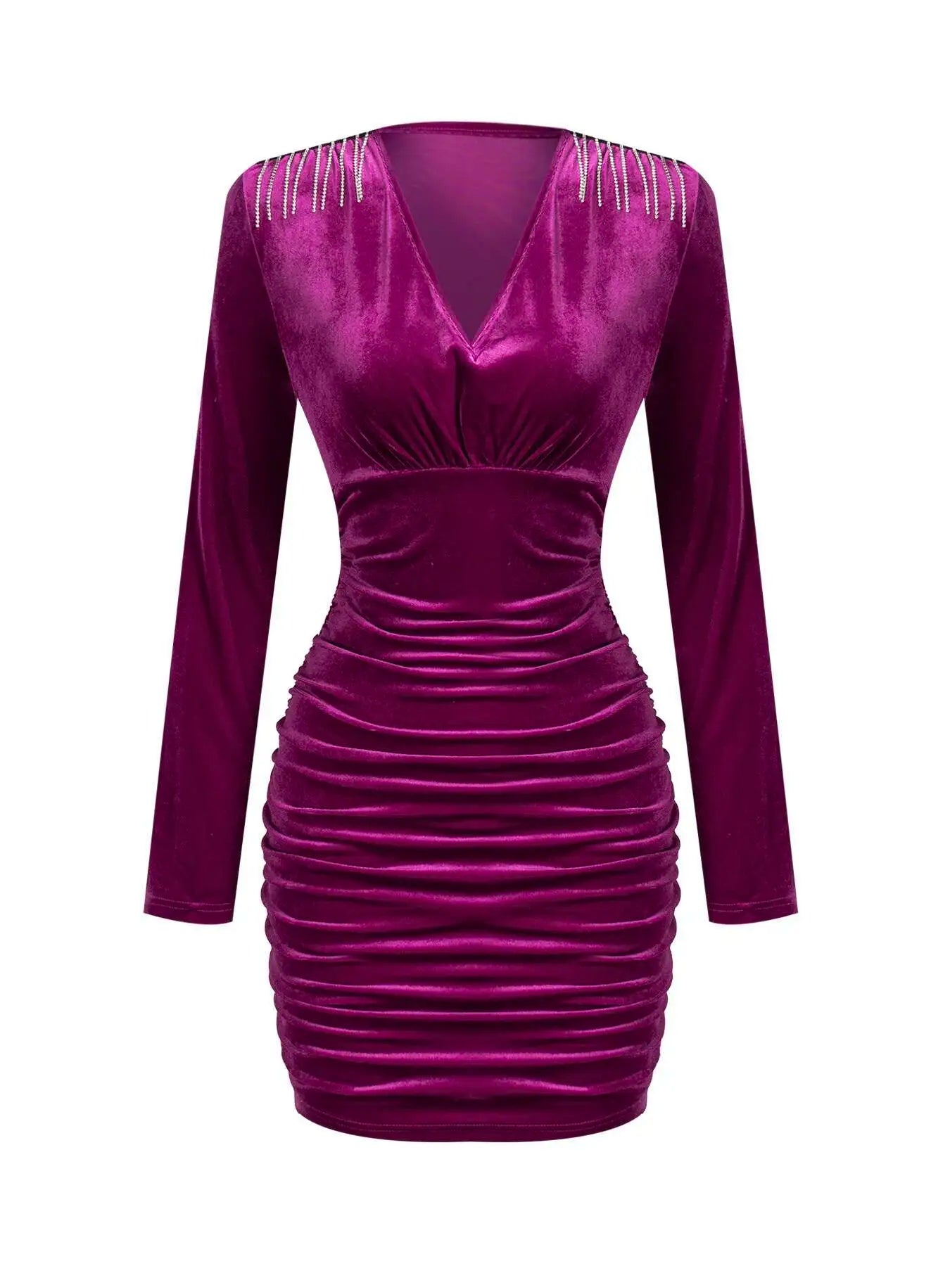 Damen Freizeitkleider Langarm V-Ausschnitt Burgunderroter Samt Bodycon Minikleid Elegantes Frühlings-Sexy-Abend-Cocktailkleid