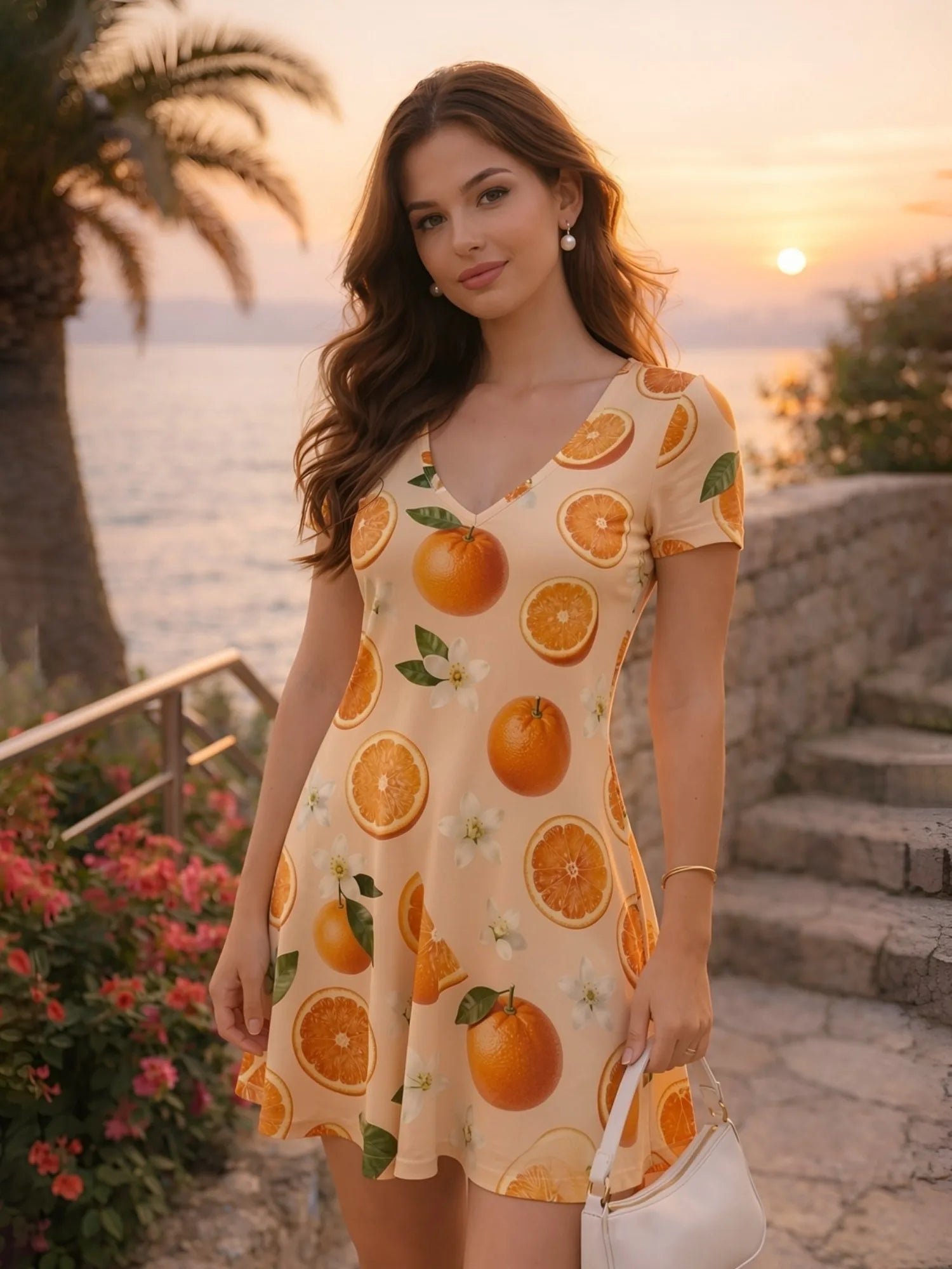 Damenkleid mit V-Ausschnitt und kurzen Ärmeln, Blumenmuster, lässiges Sommer-Outfit für Urlaub, Brunch, Freizeit, Wochenende, Alltag, Café, Party