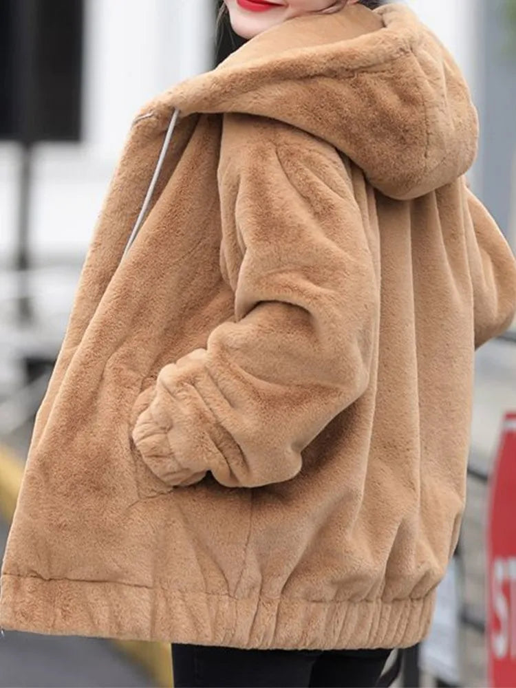 Plüsch-Kapuzenjacke für Damen, mittellang, Winter, neuer lockerer Plüsch, warmer, langer Ärmel, Plüsch, kurze Jacke, modischer Freizeitmantel