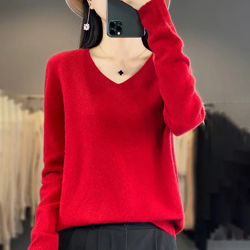 Frauen 100% Merinowolle Pullover V-Ausschnitt Basic Pullover Herbst Winter Kaschmir Kleidung Langarm weiche Strickwaren Tops einfarbig