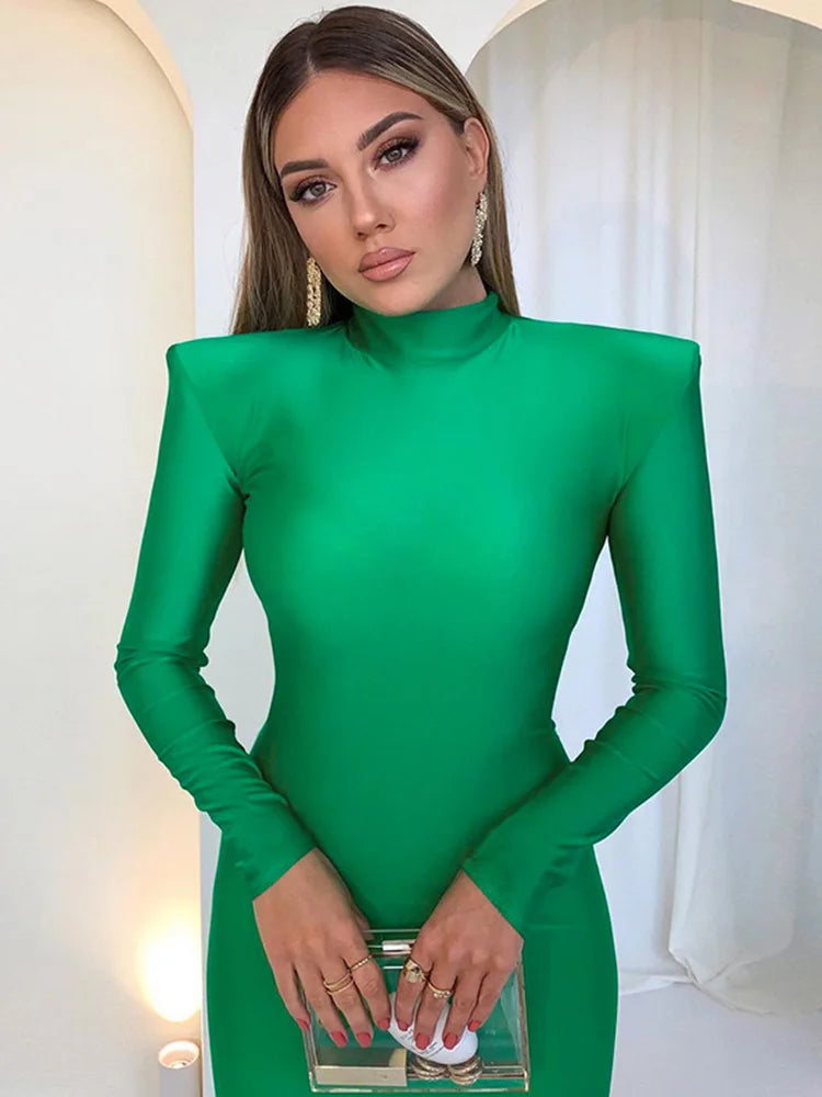 Schulter Gepolsterte Lange Hülse Bodycon Grün Party Club Maxi Lange Kleid 2024 Frühling Herbst Frauen Mode Elegante Kleidung