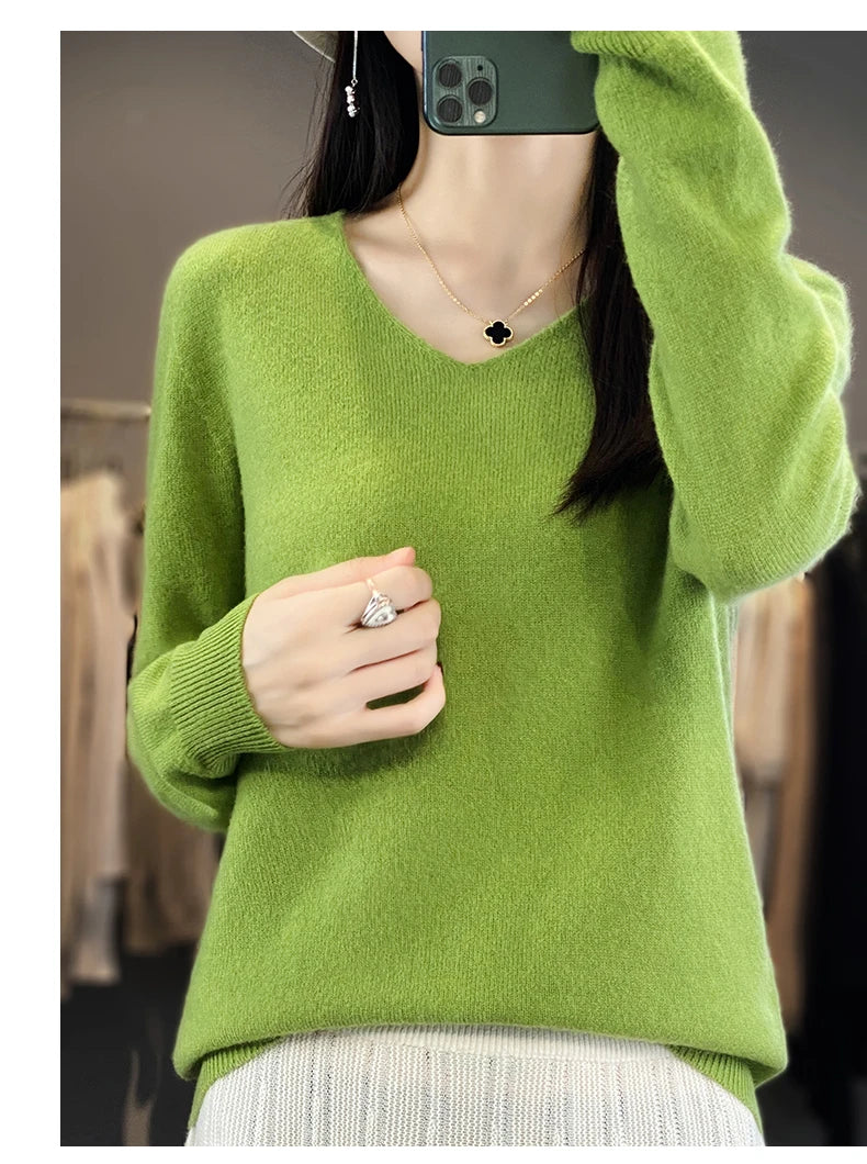 Frauen 100% Merinowolle Pullover V-Ausschnitt Basic Pullover Herbst Winter Kaschmir Kleidung Langarm weiche Strickwaren Tops einfarbig