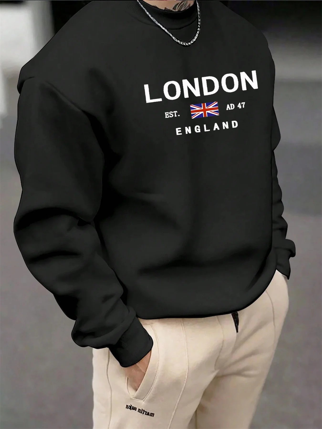 Herren-Herbst- und Wintermode, lässig, locker, London England-Muster, bedruckt, langärmelig, Rundhalsausschnitt, Sportbekleidung