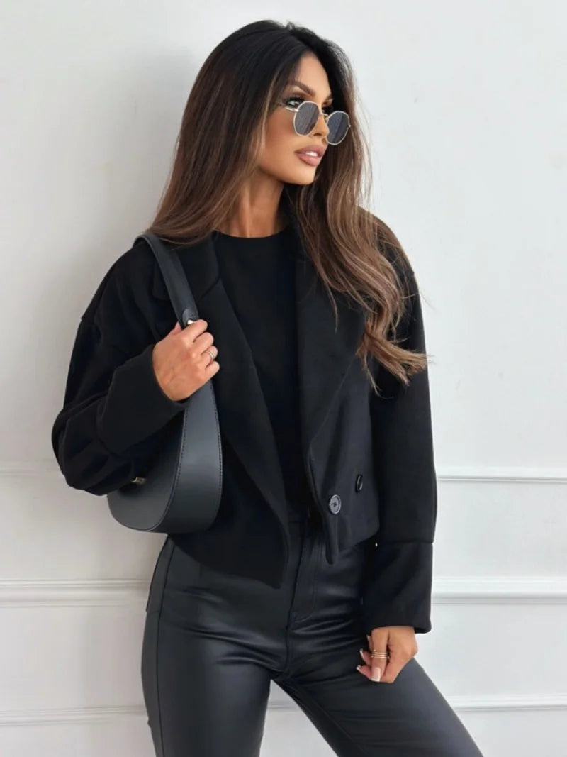 Damen-Doppelreihiger Kurzmantel aus Wolle, lässige Jacke mit Reverskragen für den Alltag im Herbst und Winter