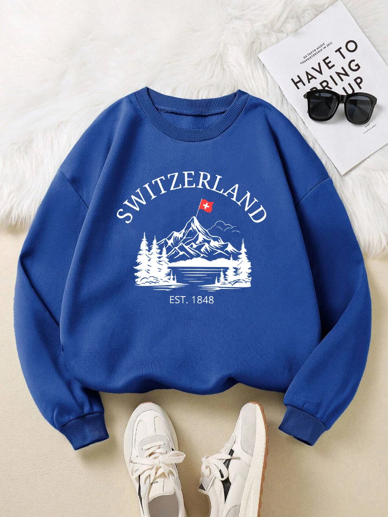 Switzerland Snow Mountain Design Women Sweatshirt Y2K Fleece Pullovers Crewneck Casual Streetwear Street Hip Hop Clothes