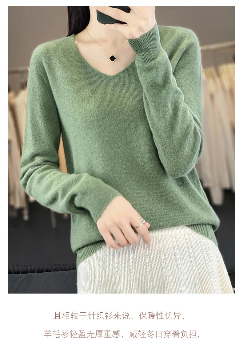 Frauen 100% Merinowolle Pullover V-Ausschnitt Basic Pullover Herbst Winter Kaschmir Kleidung Langarm weiche Strickwaren Tops einfarbig