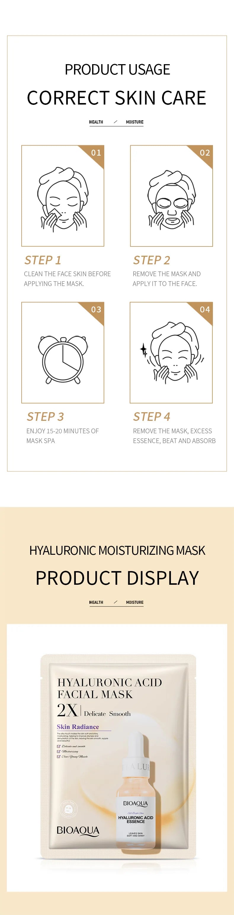 20 Stück BIOAQUA Centella Kollagen Gesichtsmaske Feuchtigkeitsspendende erfrischende Blattmasken Hyaluronsäure Gesichtsmaske Hautpflegeprodukte