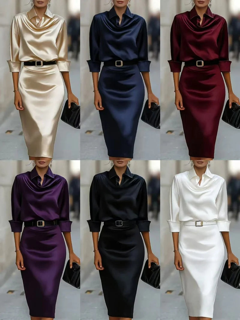 Satin-Kleid mit Wasserfallausschnitt und Gürtel, langärmliges, figurbetontes Midikleid für Damen, elegantes, lässiges Party- und Abendkleid
