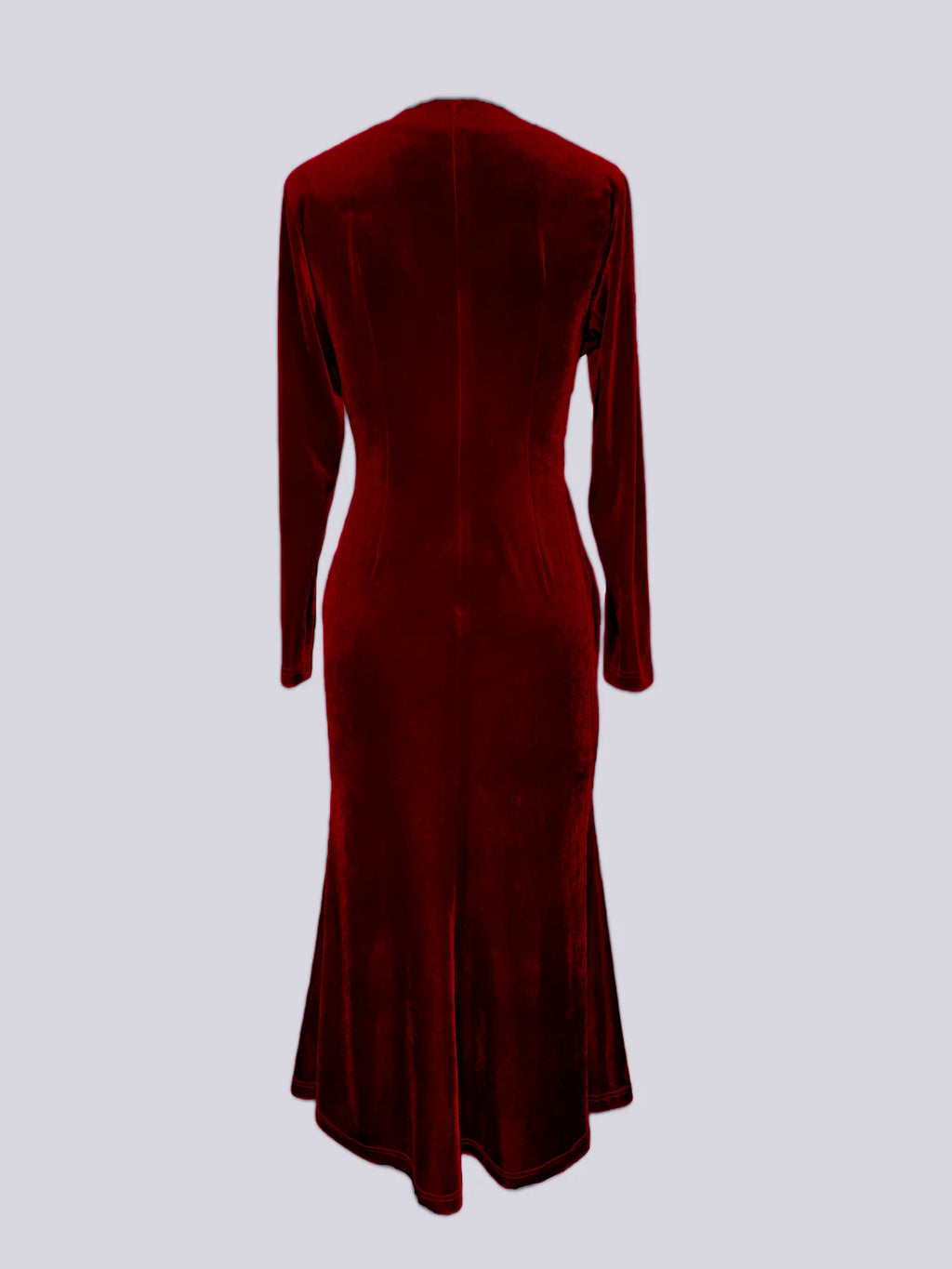 Elegantes, einfarbiges Samt-Langarmkleid mit V-Ausschnitt und Fischschwanzkleid in Weinrot für Urlaub, Party, figurbetontes Kleid