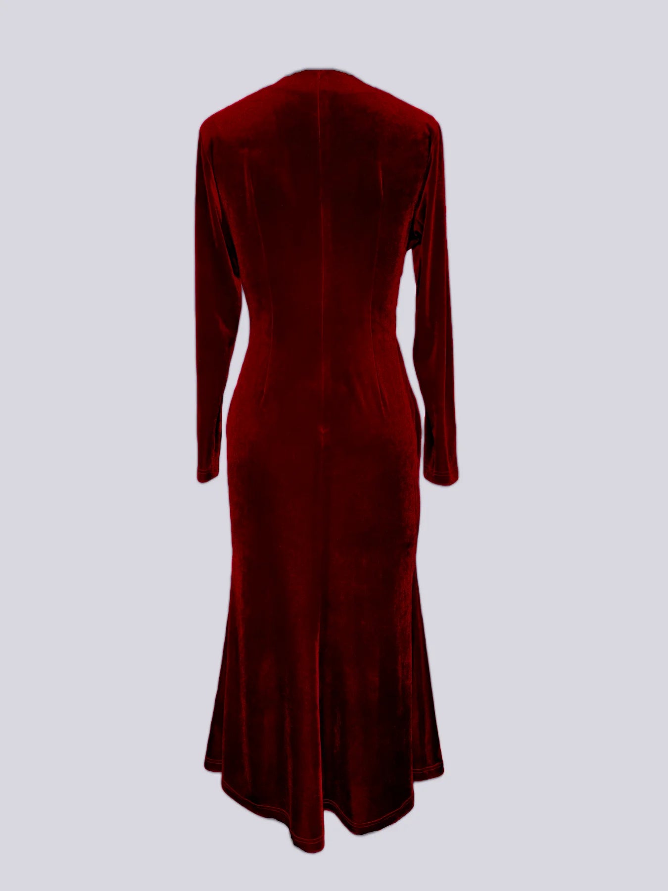 Elegantes, einfarbiges Samt-Langarmkleid mit V-Ausschnitt und Fischschwanzkleid in Weinrot für Urlaub, Party, figurbetontes Kleid