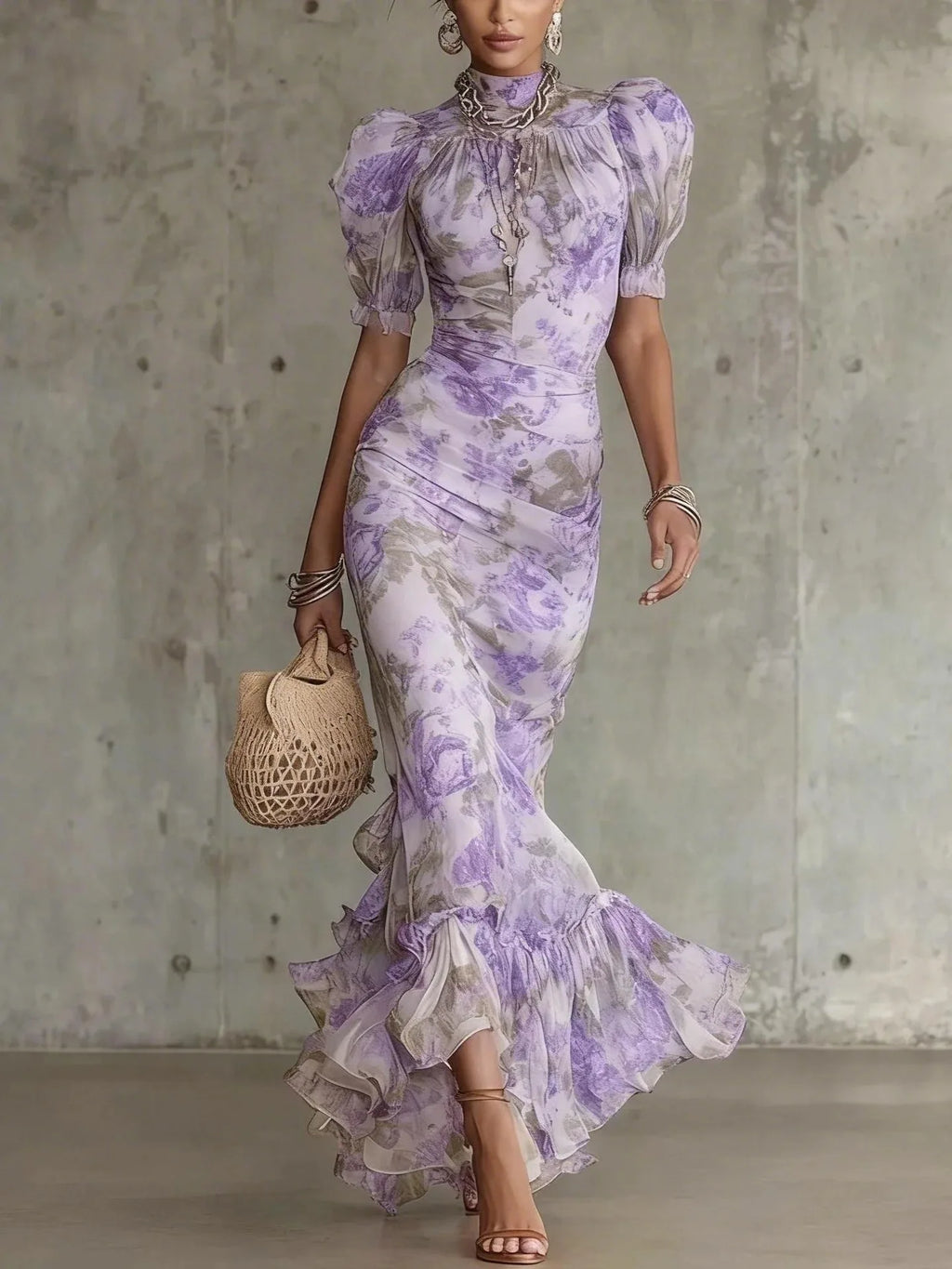 Blumendruck Mode Kurzarm Mesh Vielseitiges Elegantes Langes Kleid Damen Abendkleid Meerjungfrau Schlankes Sexy Spitzen-Splicing Abendkleid