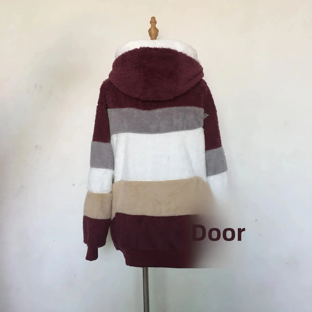 Warme Fleece-Übergroße Kapuzenjacke für Damen, Herbst und Winter, verdickte Reißverschlusstasche, Patchwork-Kleidung, bequemes Sweatshirt